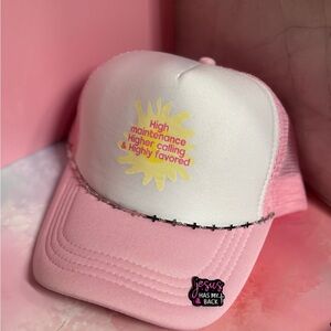 Pink Trucker Hat with Yellow Graphic